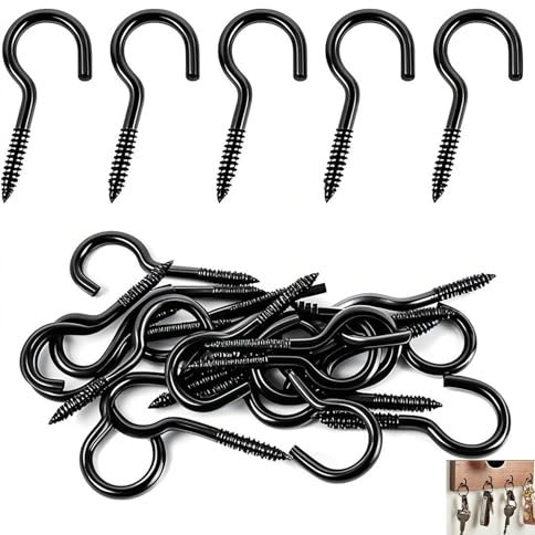 Niulab Schraubhaken Schwarz, 20 Stück Haken zum Schrauben Kohlenstoffstahl, 40mm Deckenhaken, Hakenschrauben, Schraubhaken Groß für Hängematten, Hängesessel, Feste Kabel, Markisen, Haken Decke