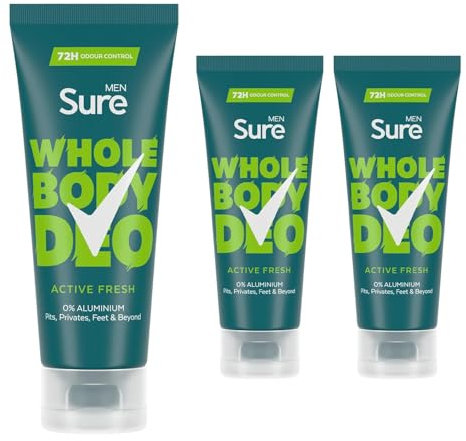 Sure Men Deodorant Cream Active Fresh, Pack of 3, Whole Body Deodorant for Men Aluminium Free Deo Cream with Aromatic Herbal, Citrus and Woody Scent Provides 72-Hour Odour Control, 75 ml