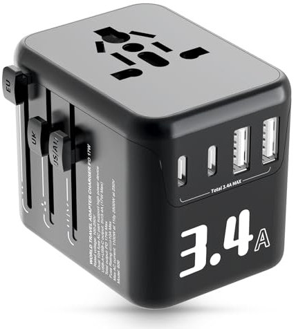 Alyvisun Adaptateur Prise Universelle, Adaptateur Universel de Voyage avec 2 USB-C et USB-A Ports, 5 V 3.4A/17W Prise Universelle,avec Double Fusible 10A-pour UE, États-Unis, Royaume-Uni, Australie