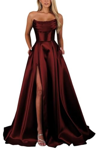 Strapless Prom Dresses for for Women with Slit Corset Ball Gown Floor Length Solid Formal Dress Evening Gowns UK24 Burgundy