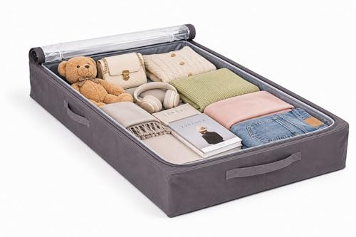 Genérico Organizador Bajo Cama 80x47x18 cm – Caja de Almacenaje con Tapa Transparente y Cremallera – Plegable, Gran Capacidad, Ideal para Ropa, Edredones y Zapatos