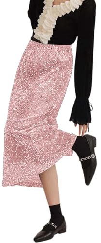 Paljettkjol damer glitterkjol paljetter låg midja pennkjolar nyårsafton outfit gyllene paljettkjol elastisk festival rave outfit, ROSA, one size