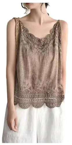 RoseSeek Women's Lace Trim Cami Tops Spaghetti Strap V Neck Sleeveless Tank Tops Y2k Vintage Retro Camisole Coffee Brown Small