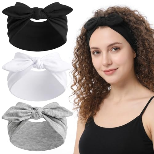 Mabor 3 Pcs Bow Headbands for Women, Wide Stretchy Hair Band Set, Non Slip Turban Hair Wrap for Yoga Workout, Black White Gray