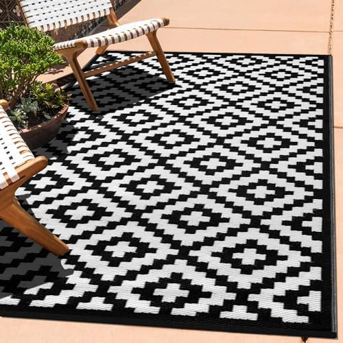 Green Decore Reversible Outdoor/Indoor Recycled Plastic Rug | Perfect for Garden, Patio, Picnic, Decking |Mildew, UV, Stain And Water Resistant| Nirvana Black/White 120x180 cm