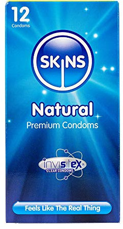 Skins Natural Condoms – Natural Latex Condoms Without The Smell, Extra Lubricated to Feel Like The Real Thing – Box of 12