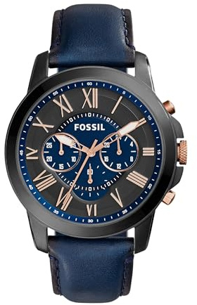 Fossil Montre pour hommes Grant, mouvement chronographe à quartz, boîtier en acier inoxydable fumé de 44 mm avec bracelet en cuir véritable, FS5061