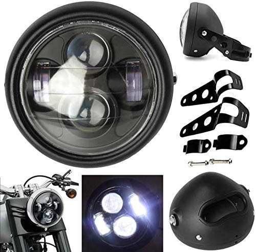 Krtopo 5-3/4 5,75 Zoll Motorrad Scheinwerfer Montage + Scheinwerfergehäuse + Satz von Halterungen Vintage Schwarz Metal für 12V Motorrad