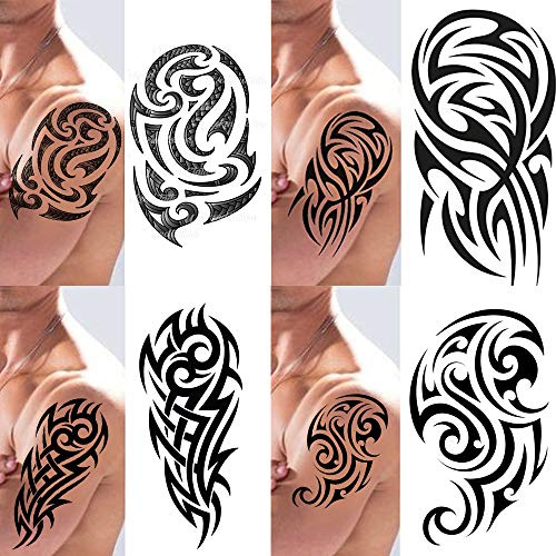 4-pack självhäftande svart tillfällig tatuering maui tribal kropp konst klistermärke överföring för armar axlar aztek polynesiska samoanska hawaiianska för vuxna män och kvinnor (4 x alla tribal
