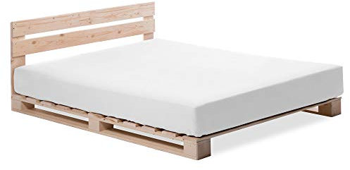 PALETTI Palettenbett inklusive Kopfteil Massivholzbett Holzbett Bett aus Paletten mit 11 Leisten, Palettenmöbel Made in Germany, 90 x 200 cm, Fichte Natur