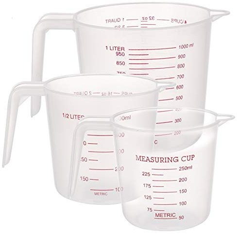 Firtink 3 Pcs Plastic Measuring Jug Baker Set, Plastic Jug Measuring Cup with Handle, 250ML/500ML/1000ML Measuring Jugs for Baker Kitchen, Clear&Easy to Read Measurements - No Dishwasher