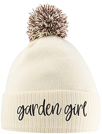 Purple Print House Trädgårdsskötsel flicka tofs hatt, trädgårdstillbehör födelsedagspresenter för trädgårdsmästare dam varm vinter stickad mössa hatt med fuskpäls pom pom för kvinnor flickor, Off vit/mocka, en storlek