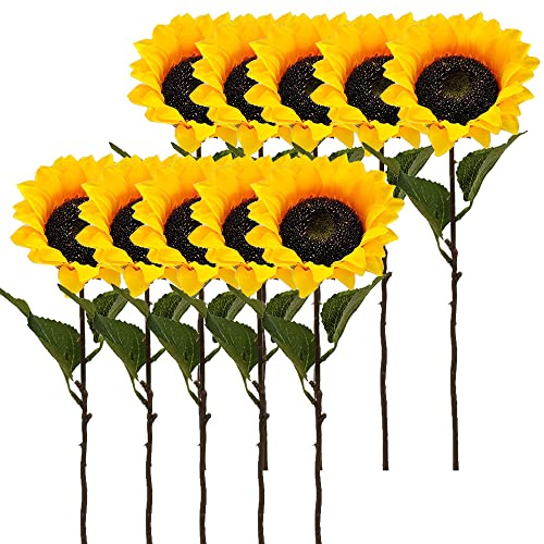 Aisamco 10 Konstgjorda solrosor 45 cm | Unikt huvud, falska blommor, bröllopsfest hem, gula sidenkronblad