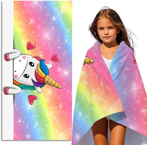 FEELJAM Strandtuch Einhorn 70 x 140 cm Kinder Badetuch Schnelltrocknendes, Mädchen Duschtuch Damen Strandhandtücher - Regenbogen Einhorn
