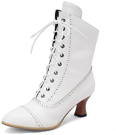 LanreyTaley Victorian Boots for Women Vintage Granny Ankle Boots Renaissance Low Heel Lace Up Zipper White Size 11