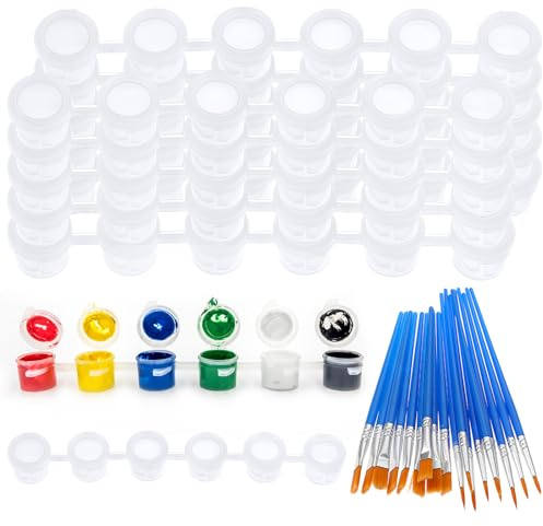 Prasacco 60 Pcs Empty Paint Pots Strips 3ml with 30 Pcs Paint Brushes Set, Clear Oils Paint Cups with Lid Acrylic Mini Paint Container Strips Paint Brushes Set for Paintings Art School