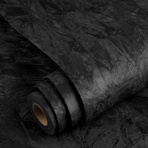 YENHOME 30X118 Vintage Black Peel and Stick Wallpaper Textured Wallpaper Velvet Flocking Fabric Wall Paper Black Felt Fabric Self Adhesive Vintage Removable Contact Paper for Bedroom Accent Wall