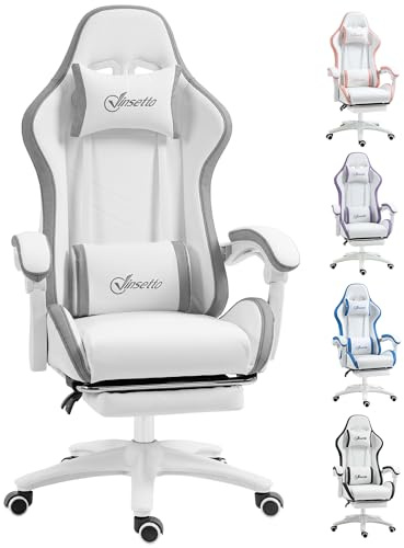 Vinsetto Computer Gaming Chair, PU Leather Office Desk Chair with Footrest, Swivel Wheels, 135° Reclining Back, Lumbar Support, Headrest for Home, White and Grey