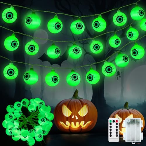 JSUEU Halloween Lichterkette,Lichter Augäpfel Grüne 8 Modi Dekorationen Lichterkette 5M 30 LEDs Halloween Deko Outdoor Lichter für Draußen Innen Spukhäuser und Partyzubehör