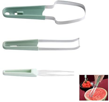 Batheidon Trancheuse à fruits en acier inoxydable 3 en 1, nouvelle trancheuse à fourchette à pastèque 2024, coupe, parfaite pour les pique-niques et les réunions de famille (vert)