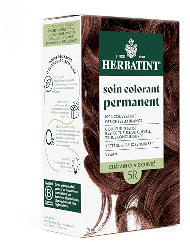Herbatint Permanente Haarfärbemittel 5R Hellbraun Kupfer – 170 ml | ohne Ammoniak, 100 % weiße Haarabdeckung | Dermatologisch getestet für empfindliche Haut, mit 8 Bio-Pflanzenextrakten