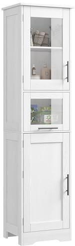 Armario alto para baño, armario alto para cuarto de baño con puertas de cristal y estantes ajustables, 5 niveles, 2 puertas, armario para baño, blanco (40 x 31 x 170 cm)
