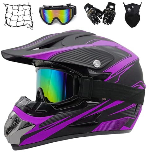 MRDEER Fullface Motocross Helm Kinder, Downhill Motorradhelm Set mit Handschuhe Maske Brille Helmnetz, Motorrad ATV Enduro D.O.T Crosshelm Motorradhelm für Damen Herren (S 52-53CM,Schwarz Lila)