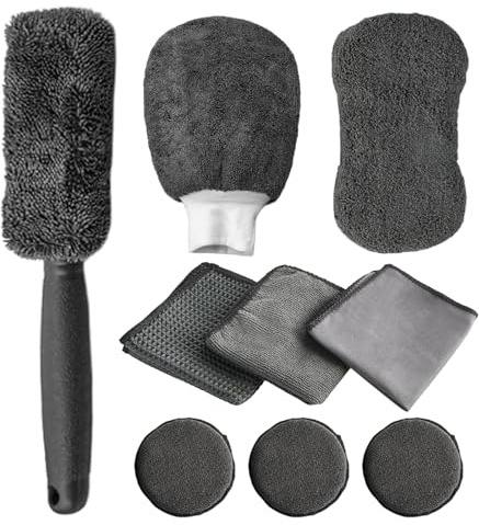 Vlecexs Kit Nettoyage Voiture, 9 Pièces Kit d'entretien de Voiture pour L'intérieur et L'extérieur, Incluant Brosse Pneus, Tampons Polissage, Éponge, Chiffons Multi-Usages, Brosse Douce Intérieur