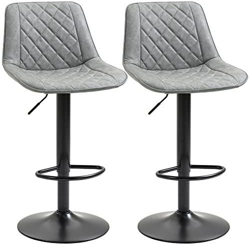 HOMCOM Juego de 2 Taburetes de Bar Giratorios, Taburetes Altos de Cocina con Altura Ajustable 86-106 cm, Sillas Altas de Cocina, Tapizada en Cuero Sintético, Respaldo y Reposapiés, Gris