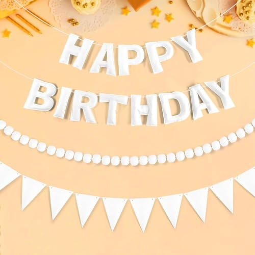 Reusable Felt Happy Birthday Banner - Felts Fabric Banner Felt Ball Garland - Happy Birthday Garland, Handmade Letters & Balls Personalized Party Sign for Birthdays Party Decorations (White)