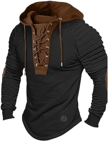 WAZHAKU Sweat à capuche vintage viking pour homme, sweatshirts médiévaux, haut de combat en plein air, vêtements traditionnels, coupe droite, couleur unie