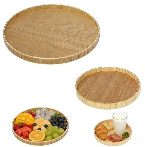 Neikafan 2 Pezzi Vassoio Legno Rotondo 30 e 20 cm Piatto con Bordo Rialzato Centrotavola Decorativo Piatto Vassoio Rotondo in Legno Portacandele per Tavolino da Caffè, Bagno Deco, Casa