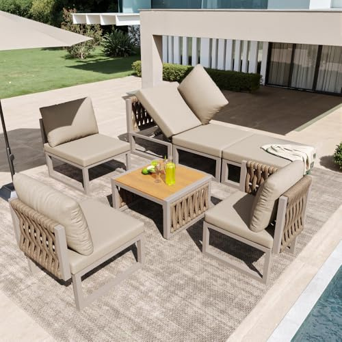 Wyibwy Set di mobili da giardino esterno per 5-6 persone,divano da giardino esterno con cuscini e schienale,lettino doppio da esterno con schienale regolabile,set di divani da patio resistenti(Beige)