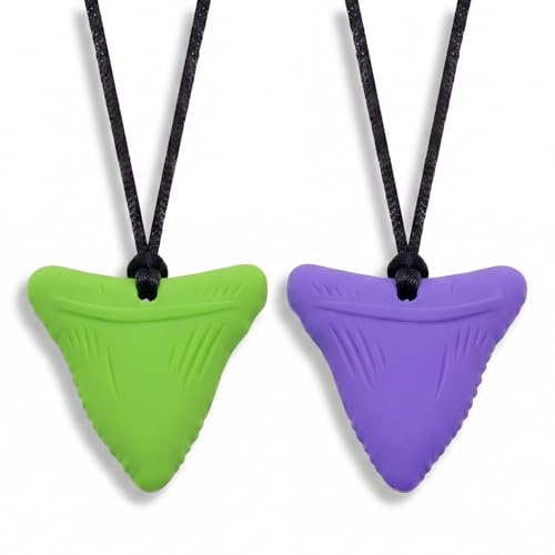 DYIOTF 2 Pcs Collar Mordedor de Silicona para Niños y Adultos, Mordedor Sensorial para Autismo, TDAH y Ansiedad, Juguete de Dentición con Cordón Ajustable, Incluye Bolsa de Tela, Verde y Púrpura