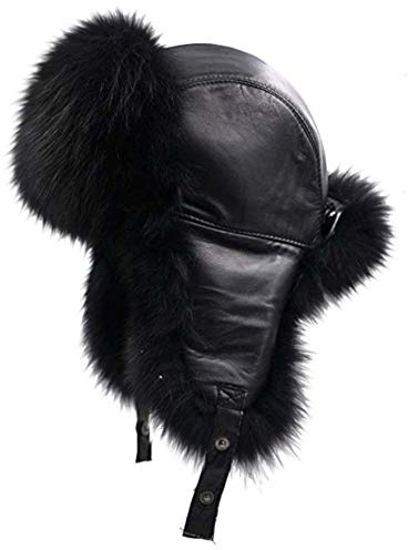 MERRYLAND Mütze ECHTFELL Fliegermütze Unisex Schwarz mit Leder Pilotenmütze Fellmütze Ushanka Hat Real Leather Fur Pelzmütze Trappermütze Black Echt Fell Pelz