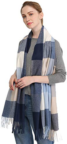 Longwu Donna Morbida sciarpa in lana di cashmere Grande scalda Pashminas e avvolgente coperta con stola calda-Blu scuro