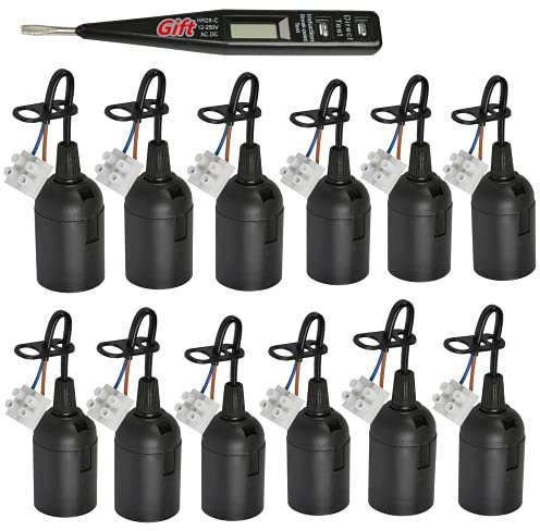 Mytovosn 12PCS Portalampada E27 Porta Lampadina E27 per Cantiere/Ristrutturazione/Lavori, Base in Plastica Nera con Filo e Terminale, Test di Tensione, Supporto della Lampada