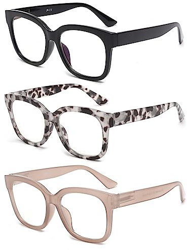 JM 3 Pack Oversized Reading Glasses for Women Large Square Blue Light Blocking Computer Readers Spring Hinge +2.5,(Black & Grey Tortoise & Pink)