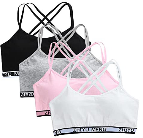Reggiseno sportivo per allenamento da ragazza, reggiseno incrociato sulla schiena, imbottito, con coppe rimovibili, in cotone, senza cuciture, confezione da 4, modello 1