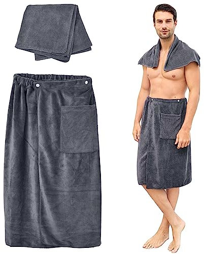 Tolenre Juego de toalla y toalla para sauna para hombre, ajustable, toalla de ducha con botones, gran secado rápido, toalla de sauna, con bolsillos, 70 x 140 cm, color gris