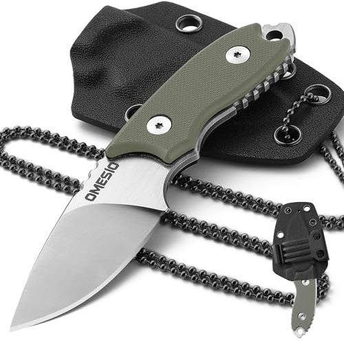 Omesio Coltello da collo, piccolo coltello EDC a lama fissa D2 con fodero in Kydex e catena a sfera ideale per il campeggio e la caccia