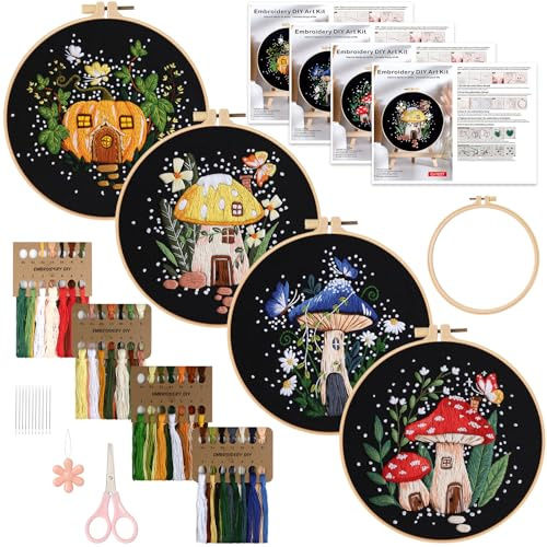Dremislnd 4 Set Beginner Embroidery Kit for Beginners Mushroom Embroidery Starter Kits Cross Stitch Kits Art Craft Handy Sewing Set with Instruction Hoop Needle Thread Kit for Adults Craft Lover