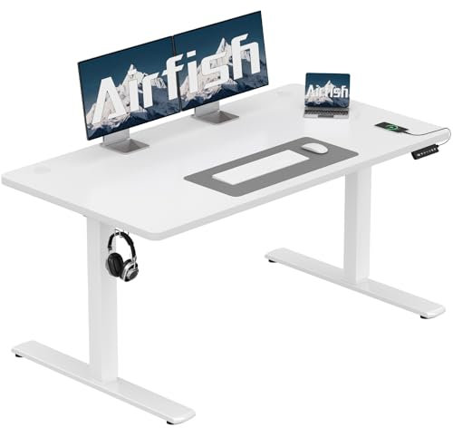 Airfish Höhenverstellbarer Schreibtisch 140x60cm mit USB-Buchse, Schreibtisch Höhenverstellbar Elektrisch mit Memory Funktion,73-118cm,Weiß