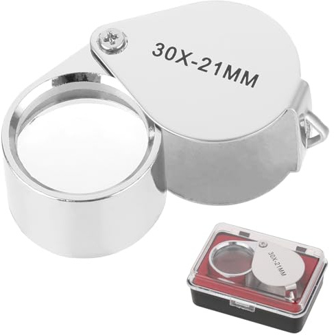 TIESOME Lupa para joyeros, lupa 30X, joyas antigüedades, lente de ojo, lupa de bolsillo plegable, lupa de bolsillo para diamantes, monedas, sellos, relojes, antigüedades, plata (30 x 21 mm)