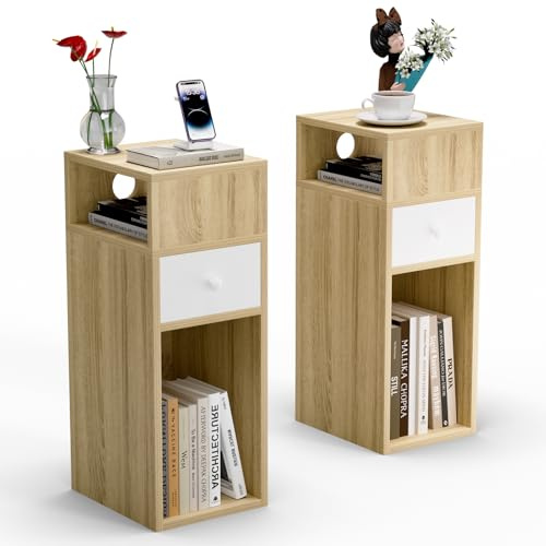 VOUNOT® Set di 2 Comodini Stretti con Cassetto e 2 Scomparti Aperti, Tavolino Comodino Salvaspazio, Design Moderno per Camera da Letto e Soggiorno, 25x30x66 cm, Naturale