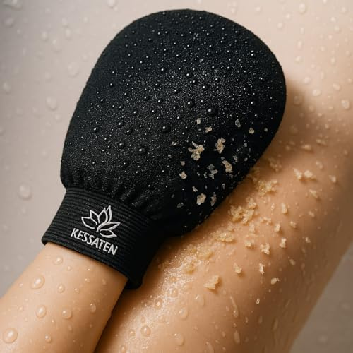 Gant Exfoliant Corps KESSATEN + Savon Noir - Gant Kessa Hammam - Elimine Peaux Mortes - Keratose Pilaire - Autobronzant - Rituel Complet Inclus