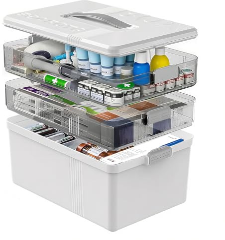 GOURDBRO 3-Tier Medikamenten Aufbewahrung Große - Medikamenten Organizer mit Griff - Kunststoff Hausapotheke Box leer - Mehrzweck Aufbewahrungsbox mit Abnehmbaren Tablett (Weiß)