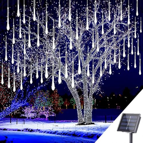 EctronyX Guirnalda de Luces Solares en Forma de Lluvia de Meteoros, 144 LED 8 Tubos IP65 Impermeable, Luz Solar Exterior para Jardín, Patio, Bodas, Navidad y Decoración de Fiestas