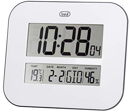 Trevi OM 3520 D Orologio Digitale Radiocontrollato con Ampio Display LCD, Termometro e Igrometro, Calendario Multilingue, Facile Installazione a Parete/Tavolo, Funzionamento a Batterie AA, Bianco