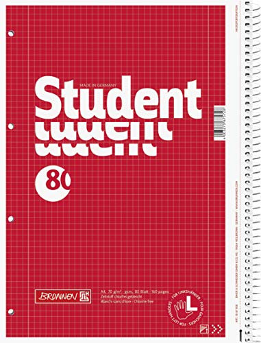 Brunnen 1067908 Notizblock / Collegeblock Student (für Linkshänder, A4, kariert, Lineatur 28, 70 g/m², 80 Blatt, mit Spirale rechts) 5 Stück